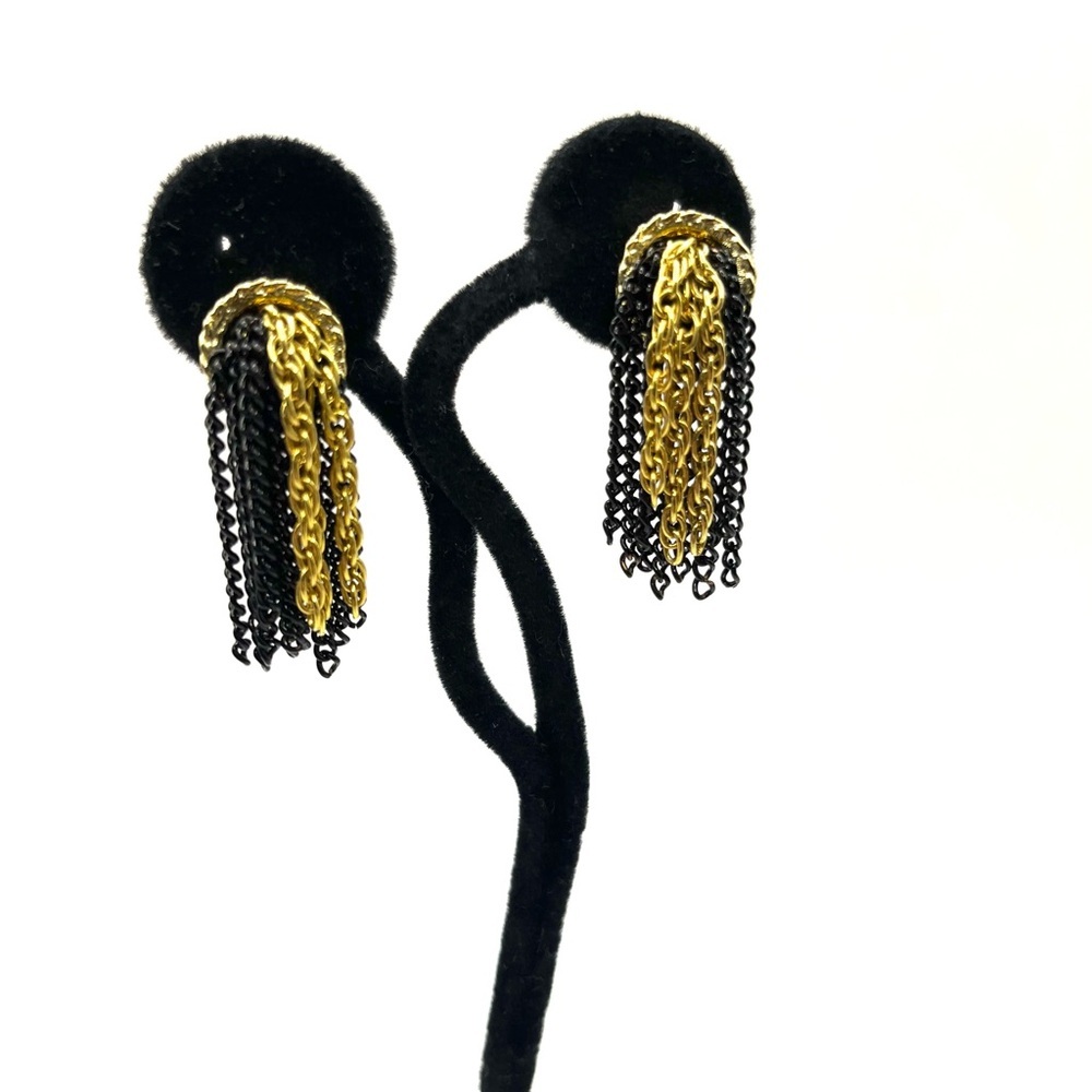 Vintage Kramer Chic Gold and Black Chain  Tassel Clip on Earrings Kramer Vintage